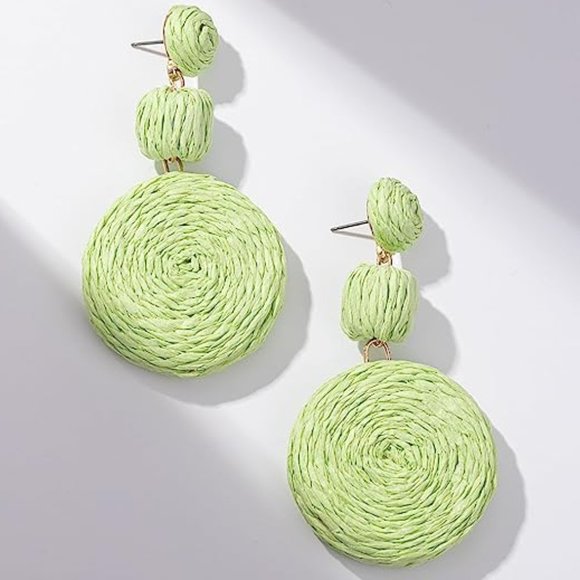 Big Mint Green Raffia Earrings Wicker Bold Vacation Statement Dangle 80s 90s New - Picture 1 of 6